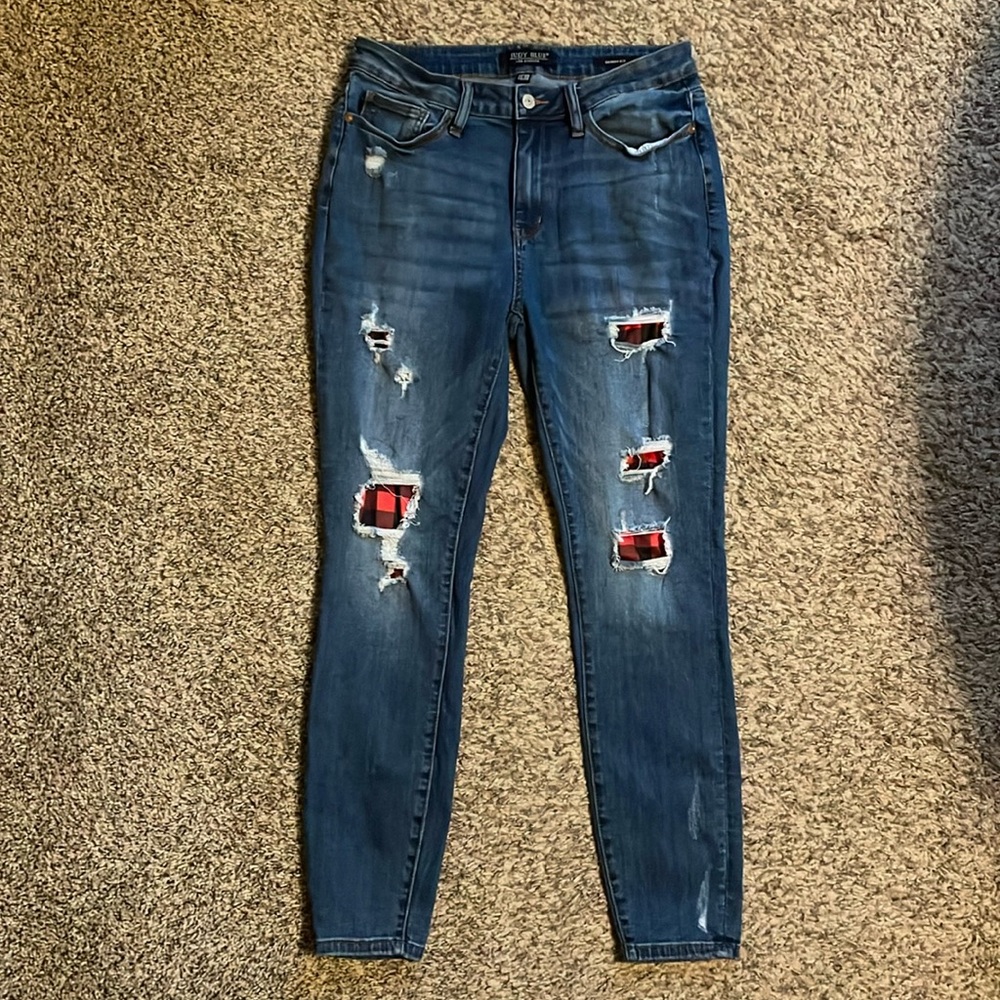 Judy Blue Buffalo plaid patched skinny fit jeans